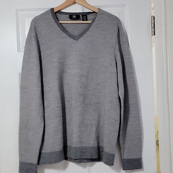 Calvin‎ Klein merino wool blend men's v-neck sweater grey heathered size L - Picture 1 of 10